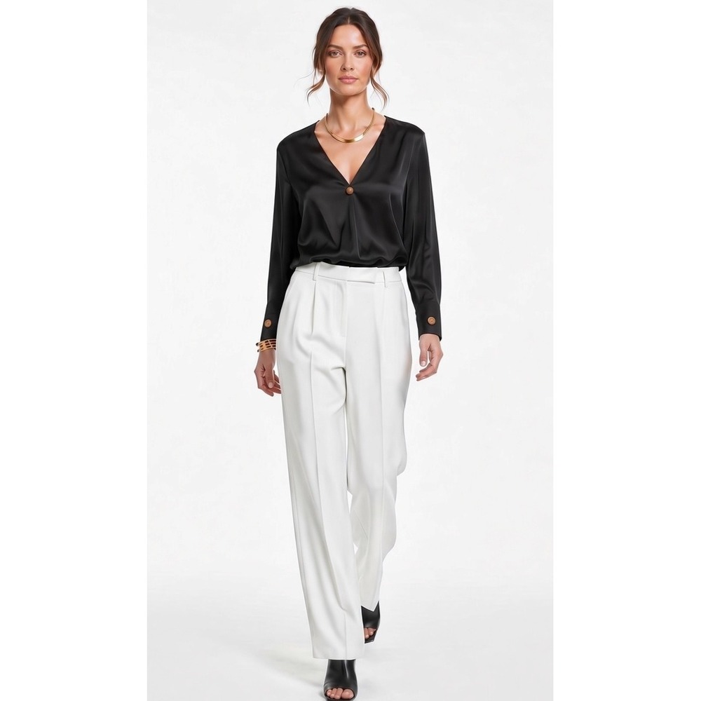 Vince Silk V-Neck Ball Button Blouse Top Black S Pleat Front Relaxed Satin